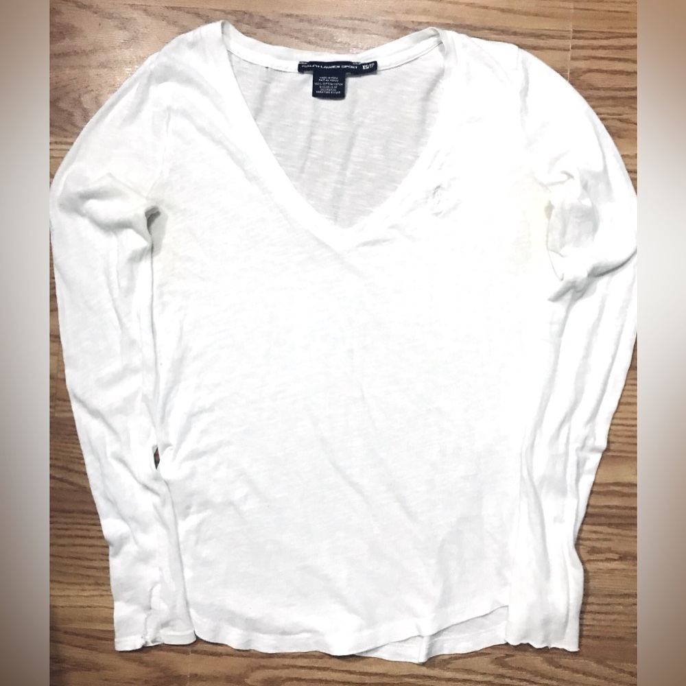 Vintage Ralph Lauren Sport Pima Cotton Knit V-neck T-Shirt Top XS White